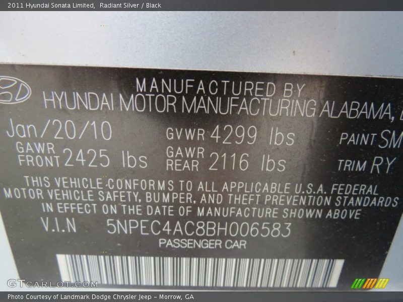 Radiant Silver / Black 2011 Hyundai Sonata Limited
