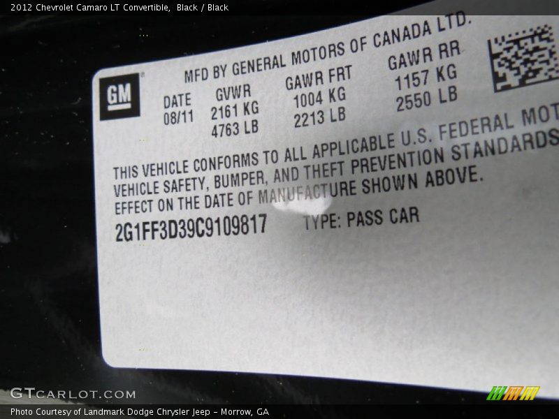 Black / Black 2012 Chevrolet Camaro LT Convertible