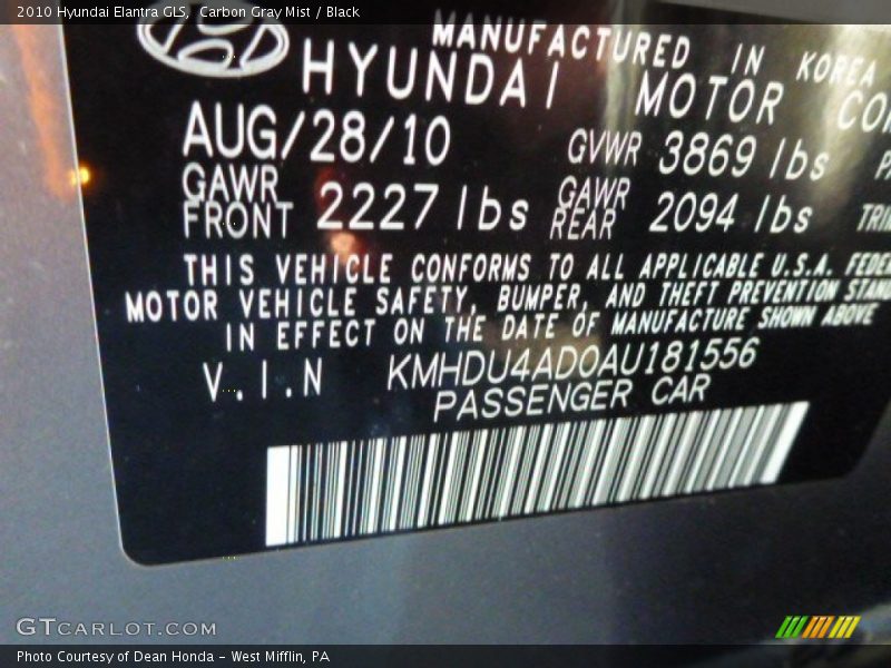 Carbon Gray Mist / Black 2010 Hyundai Elantra GLS
