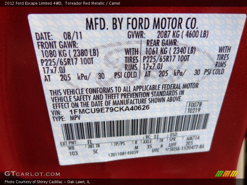 Toreador Red Metallic / Camel 2012 Ford Escape Limited 4WD