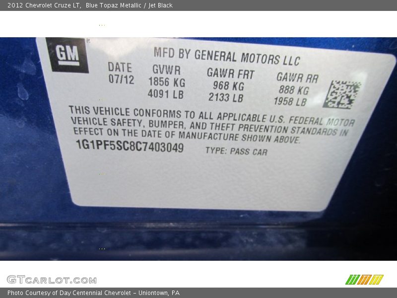 Blue Topaz Metallic / Jet Black 2012 Chevrolet Cruze LT