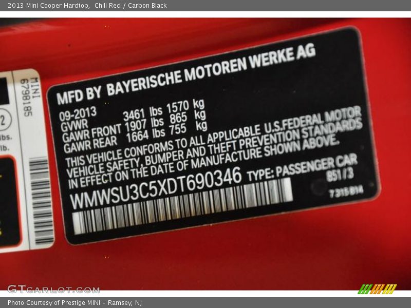 Chili Red / Carbon Black 2013 Mini Cooper Hardtop
