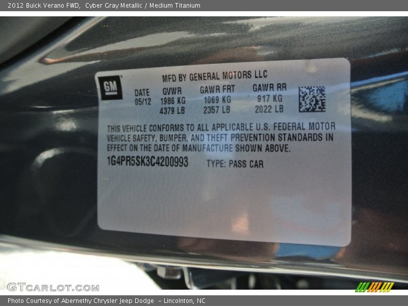 Cyber Gray Metallic / Medium Titanium 2012 Buick Verano FWD