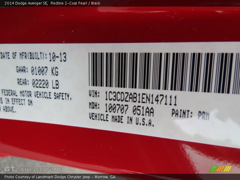 Redline 2-Coat Pearl / Black 2014 Dodge Avenger SE