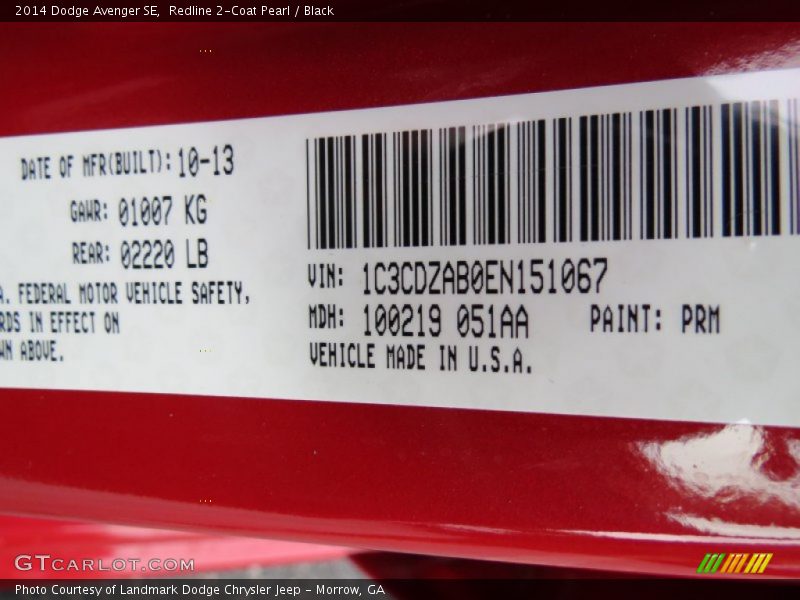 Redline 2-Coat Pearl / Black 2014 Dodge Avenger SE