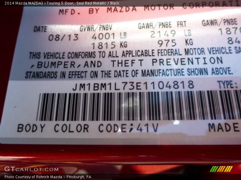 2014 MAZDA3 i Touring 5 Door Soul Red Metallic Color Code 41V