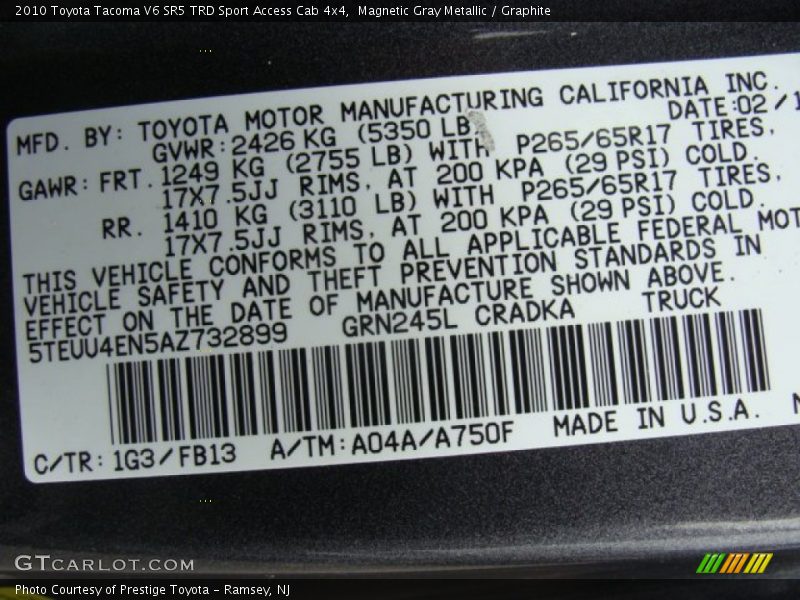Magnetic Gray Metallic / Graphite 2010 Toyota Tacoma V6 SR5 TRD Sport Access Cab 4x4