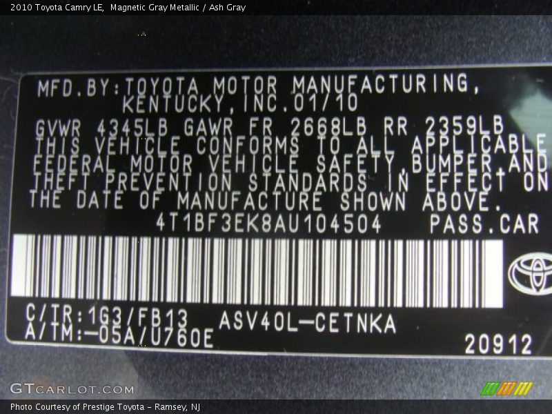Magnetic Gray Metallic / Ash Gray 2010 Toyota Camry LE