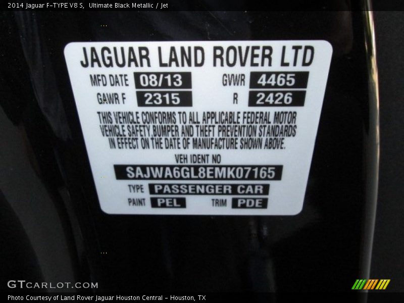 2014 F-TYPE V8 S Ultimate Black Metallic Color Code PEL