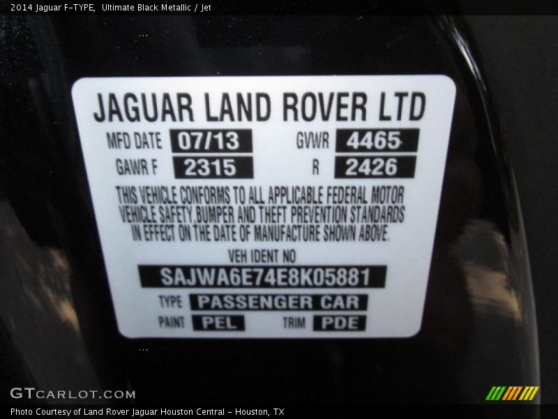 2014 F-TYPE  Ultimate Black Metallic Color Code PEL