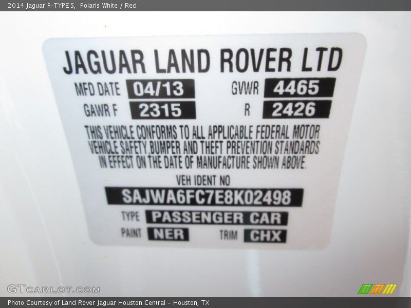 2014 F-TYPE S Polaris White Color Code NER