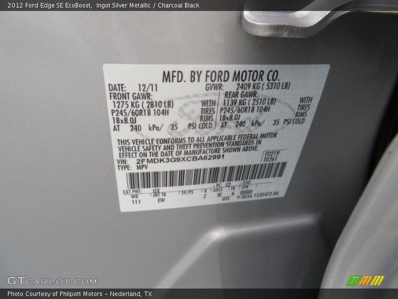 Ingot Silver Metallic / Charcoal Black 2012 Ford Edge SE EcoBoost