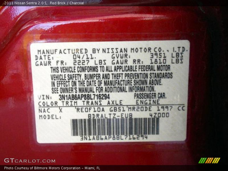 Red Brick / Charcoal 2011 Nissan Sentra 2.0 S