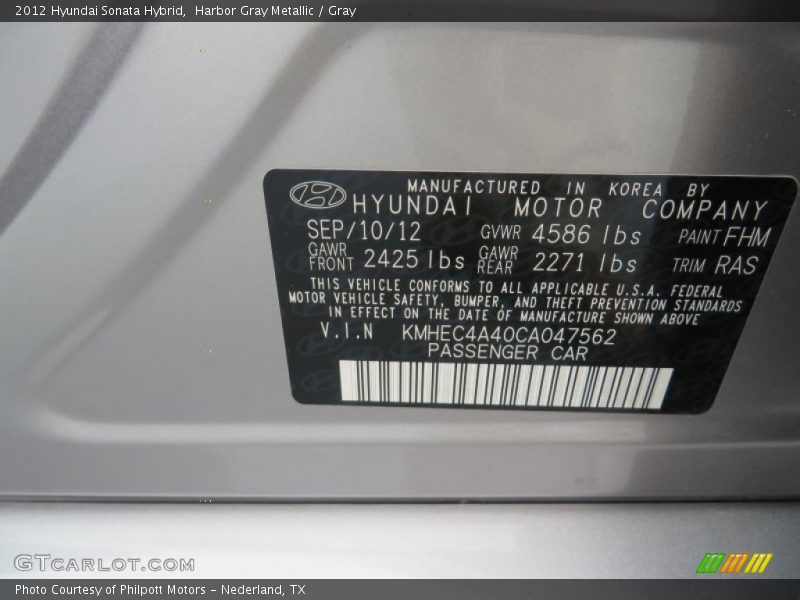 Harbor Gray Metallic / Gray 2012 Hyundai Sonata Hybrid