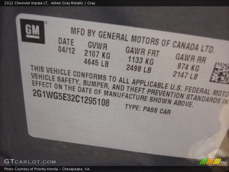 Ashen Gray Metallic / Gray 2012 Chevrolet Impala LT
