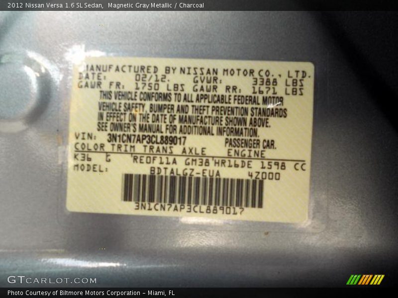 Magnetic Gray Metallic / Charcoal 2012 Nissan Versa 1.6 SL Sedan