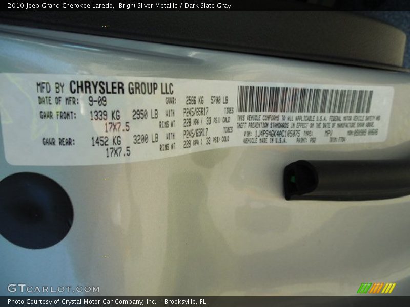 Bright Silver Metallic / Dark Slate Gray 2010 Jeep Grand Cherokee Laredo
