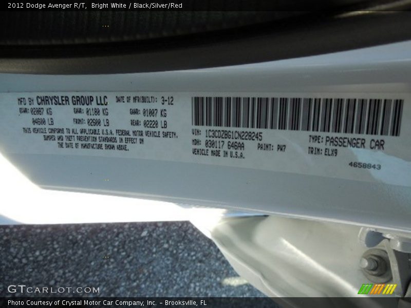 Bright White / Black/Silver/Red 2012 Dodge Avenger R/T