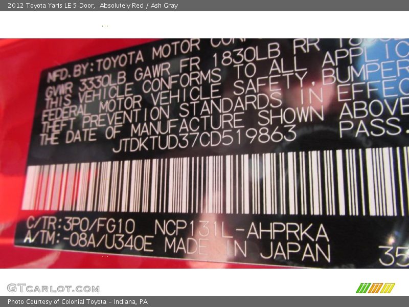 Absolutely Red / Ash Gray 2012 Toyota Yaris LE 5 Door