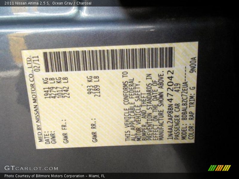Ocean Gray / Charcoal 2011 Nissan Altima 2.5 S