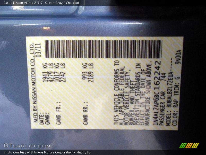 Ocean Gray / Charcoal 2011 Nissan Altima 2.5 S