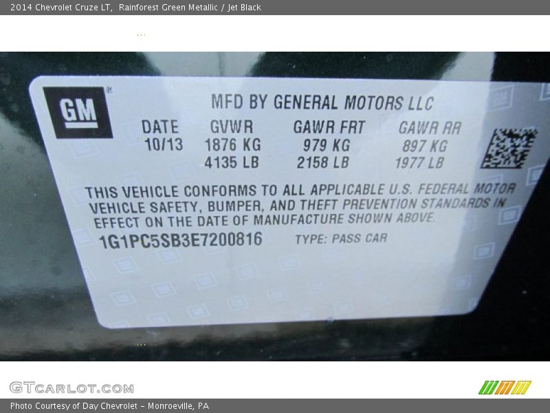 Rainforest Green Metallic / Jet Black 2014 Chevrolet Cruze LT