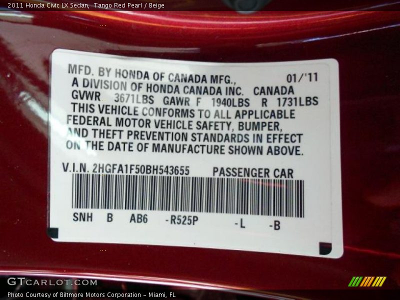 Tango Red Pearl / Beige 2011 Honda Civic LX Sedan