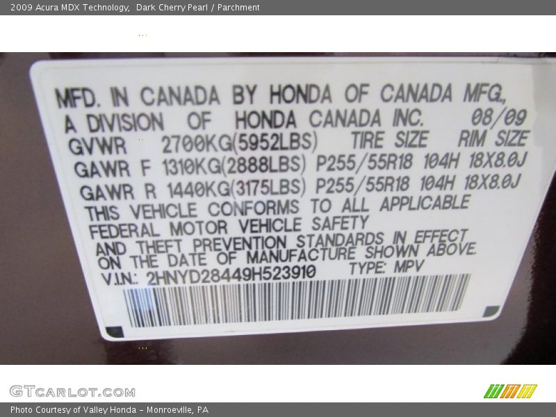 Dark Cherry Pearl / Parchment 2009 Acura MDX Technology