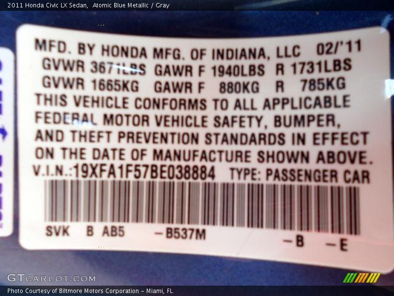 Atomic Blue Metallic / Gray 2011 Honda Civic LX Sedan