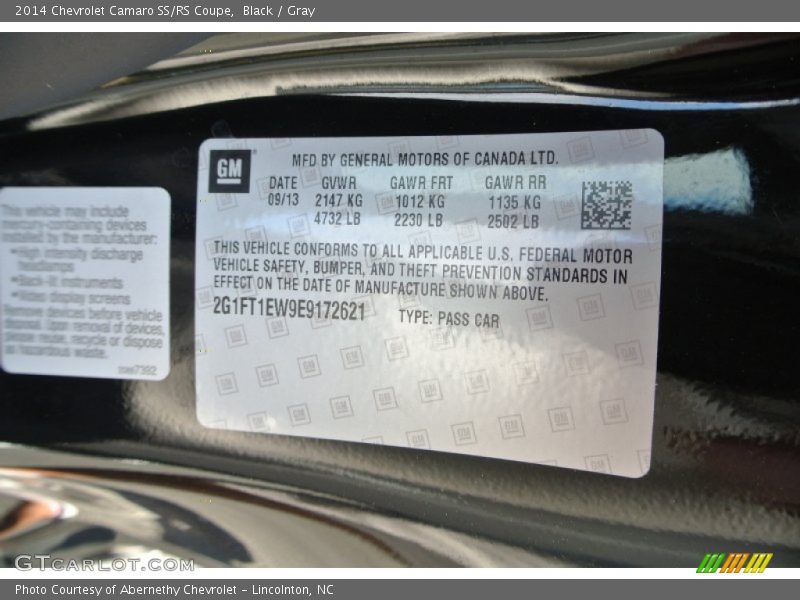 Info Tag of 2014 Camaro SS/RS Coupe