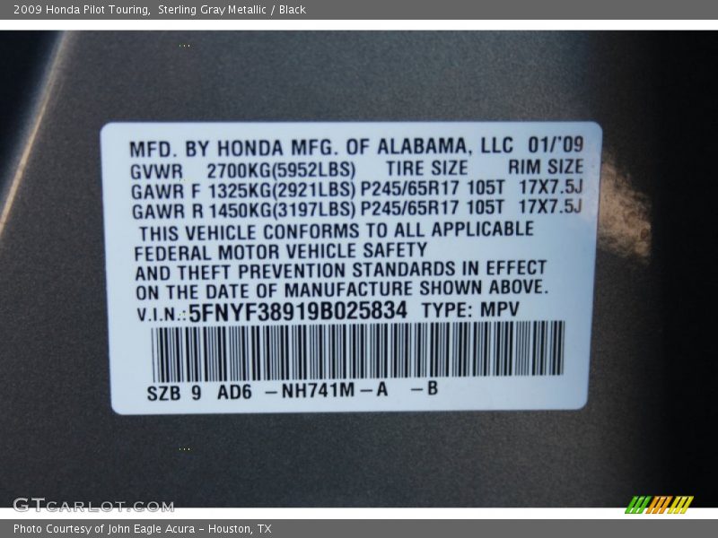 Sterling Gray Metallic / Black 2009 Honda Pilot Touring
