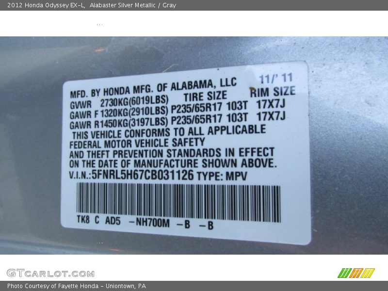 Alabaster Silver Metallic / Gray 2012 Honda Odyssey EX-L