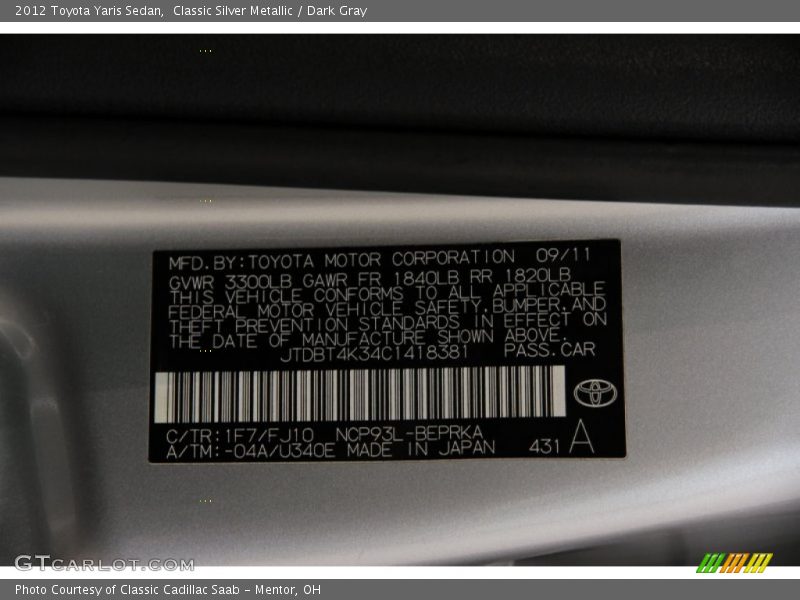 Classic Silver Metallic / Dark Gray 2012 Toyota Yaris Sedan