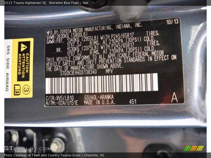 Shoreline Blue Pearl / Ash 2013 Toyota Highlander SE
