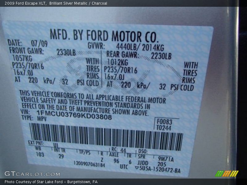 Brilliant Silver Metallic / Charcoal 2009 Ford Escape XLT