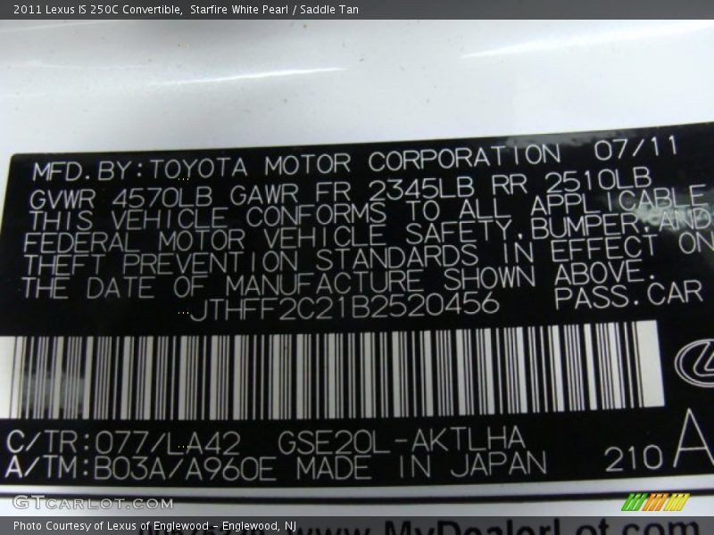 Starfire White Pearl / Saddle Tan 2011 Lexus IS 250C Convertible
