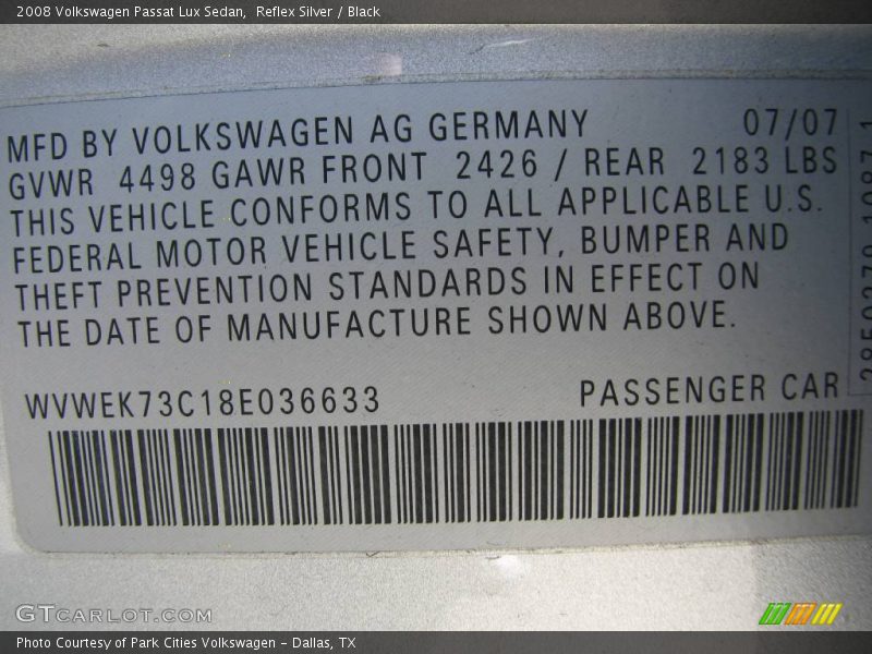 Reflex Silver / Black 2008 Volkswagen Passat Lux Sedan