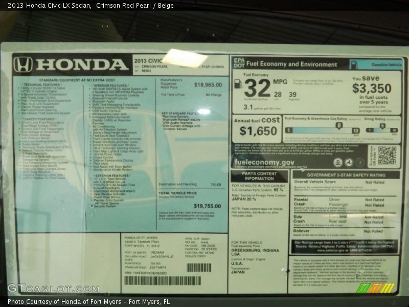 Crimson Red Pearl / Beige 2013 Honda Civic LX Sedan