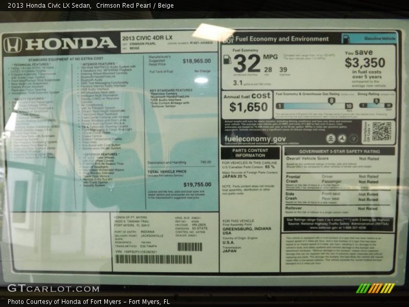 Crimson Red Pearl / Beige 2013 Honda Civic LX Sedan