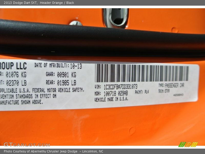 Header Orange / Black 2013 Dodge Dart SXT
