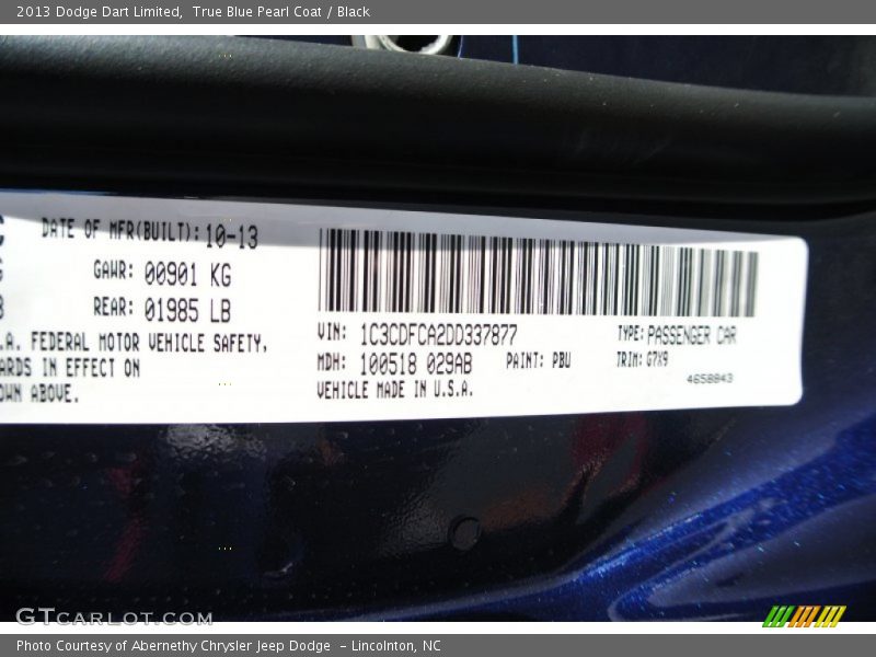 True Blue Pearl Coat / Black 2013 Dodge Dart Limited