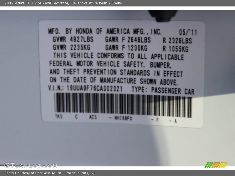 Bellanova White Pearl / Ebony 2012 Acura TL 3.7 SH-AWD Advance