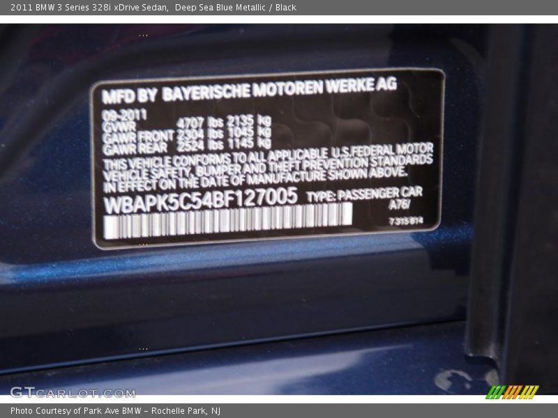 2011 3 Series 328i xDrive Sedan Deep Sea Blue Metallic Color Code A76