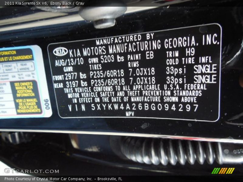 Ebony Black / Gray 2011 Kia Sorento SX V6