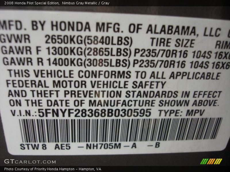 Nimbus Gray Metallic / Gray 2008 Honda Pilot Special Edition
