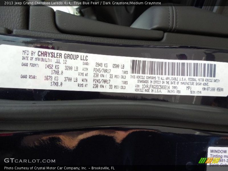 True Blue Pearl / Dark Graystone/Medium Graystone 2013 Jeep Grand Cherokee Laredo 4x4