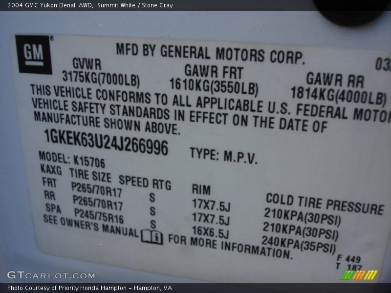 Summit White / Stone Gray 2004 GMC Yukon Denali AWD