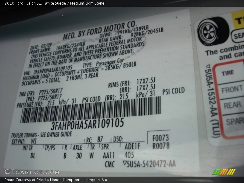 White Suede / Medium Light Stone 2010 Ford Fusion SE