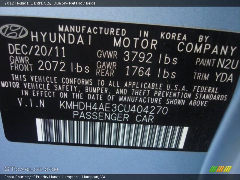 Blue Sky Metallic / Beige 2012 Hyundai Elantra GLS