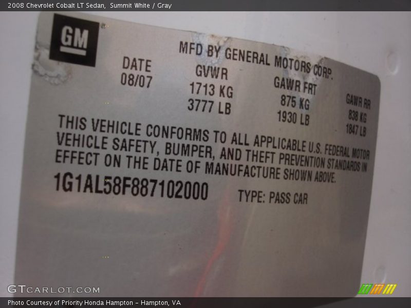 Summit White / Gray 2008 Chevrolet Cobalt LT Sedan